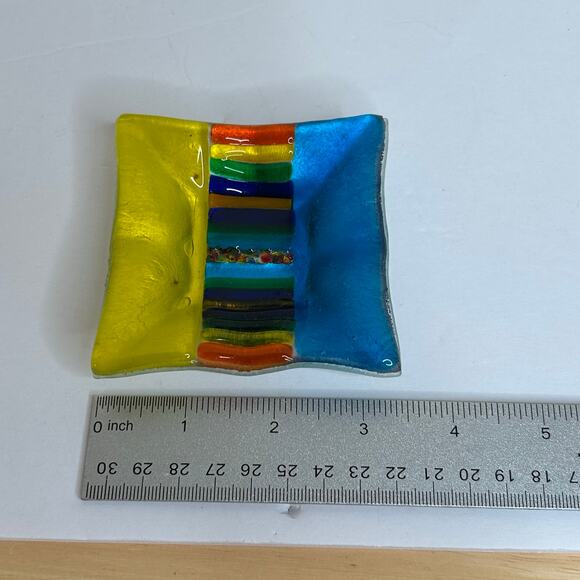Fused Glass Rainbow Design Colorful Square Trinket Dish Ring Holder Vanity Decor - Picture 5 of 10